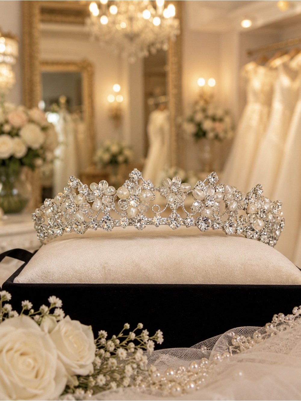 Silver Pearl & Crystal Floral Bridal Tiara